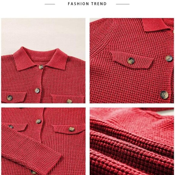 Women 2025 Fall Outfits Waffle Knit Sweater Shacket Jacket Casual Long Sleeve Bu - Picture 5 of 6